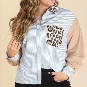 Entro Light Blue Pinstripe, and Leopard Print Blouse. Size S. NWT